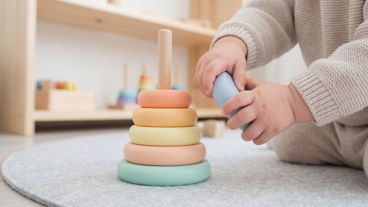 保育施設で保育士と一緒に遊ぶ小さな子どもと、見守る親のイメージ